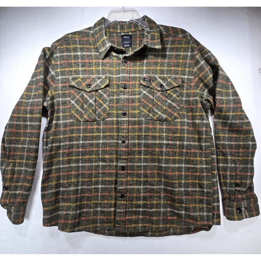 RVCA Mens Relaxed Fit Plaid Flannel Button Down Shirt Olive Green Large L